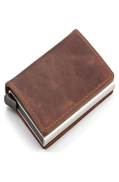 

card holders automatic vintage men039s genuine leather holder retro aluminum alloy business male id cardholder mini wallet purs3050817, Brown;gray