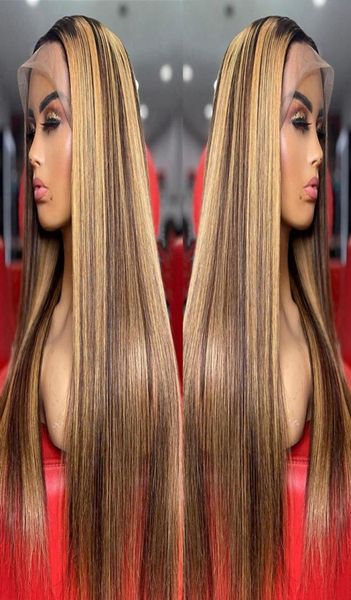 

highlight brown blonde colored human hair wigs for women ombre straight lace frontal wig 4x4 laceclosurewigs2830211, Black;brown