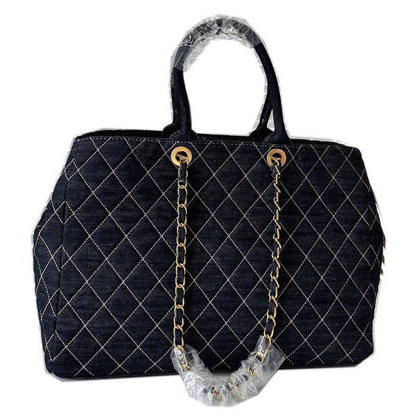 

designer denim jumbo tote bag with handle gold/aged silver metal hardware two-tone matelasse chain shoulder handheld large capacity back pou
