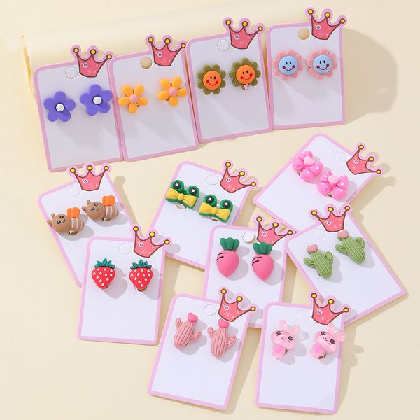 

12 types kid cartoon cute animals fruits flowers no piercing ear clip holeless accessories girls princess jewelry earring children day gift, Red;brown