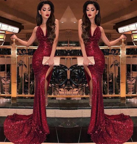 

2019 burgundy v neck sequin mermaid prom dresses split high slits vestidos de fiesta sweep train formal long evening party prom go5346403, Black