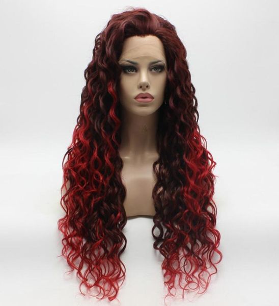 

iwona hair curly long auburn root red ombre wig 18333100 half hand tied heat resistant synthetic lace front wig5640449, Black
