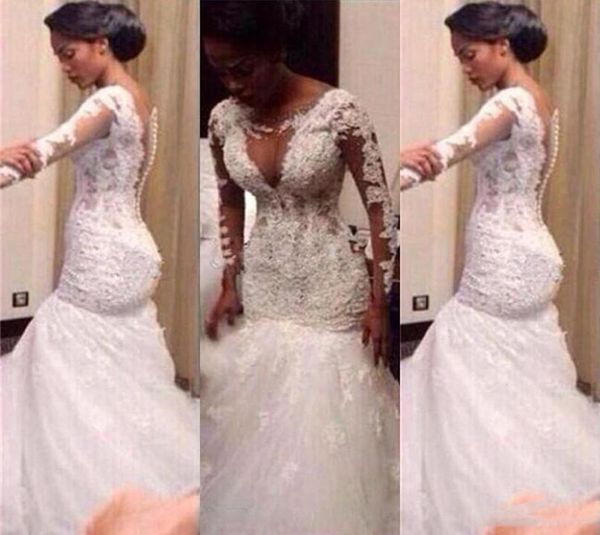 

south african mermaid white wedding dresses long sleeves beaded lace appliques elegant floor length wedding gowns buttonup back b9380225