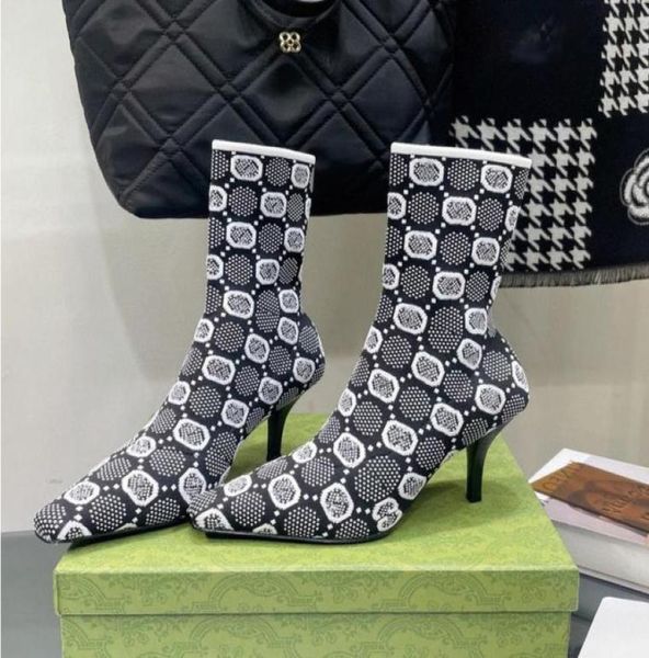 

tom 75mm jacquard knitted sock ankle boots stiletto short boot stretch elongated square toes kitten heels booties for women luxury1930608, Black