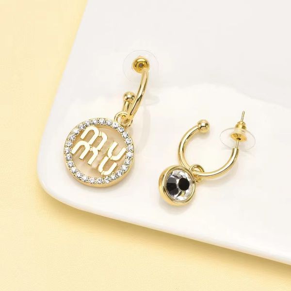 

asymmetric earrings, european and american personalized versatile, simple and advanced letter miu earrings with diamond pendant earrings, Golden;silver