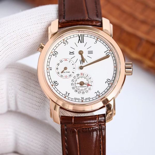 

expensive high-quality men's watch sports leisure dual time calendar function fully reversible rear cover sapphire mirror italian strap, Slivery;brown