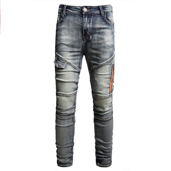

designer mens jeans hip hop pants ripped high street fashion brand pantalones vaqueros para hombre motorcycle trendy long with hole street c, Blue