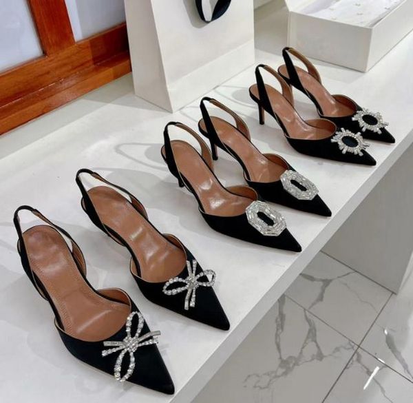 

amina muaddi satin high-heeled sandals wine drilling button sun bow oval glass heel diamond lady women high heels sandals with box 35-42, Black