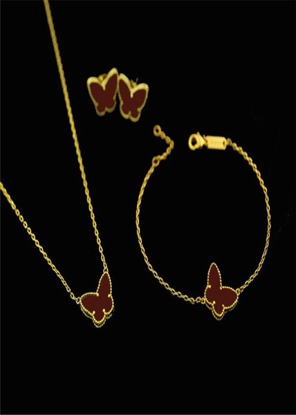 

van 18k gold fashion classic sweet 4four leaf clover butterfly earrings bracelet necklace jewelry set for s925 silver van womeng6186854, Black