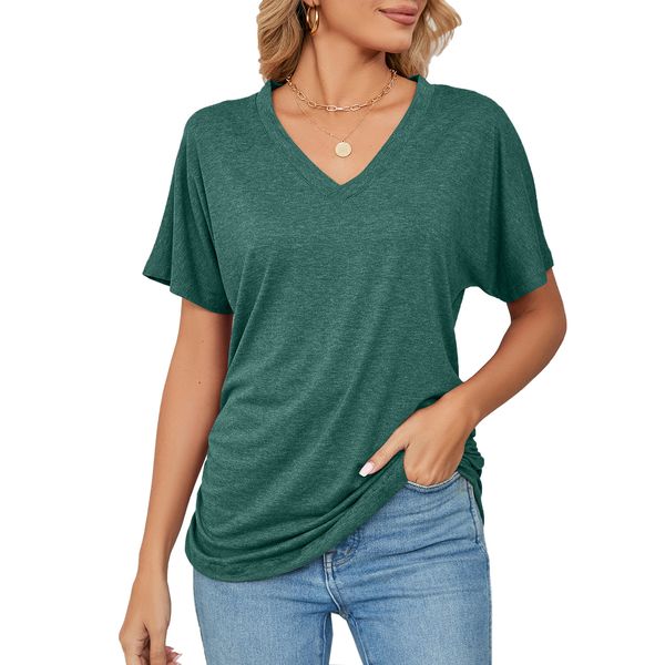

women short sleeve v neck solid t shirt for summer, White