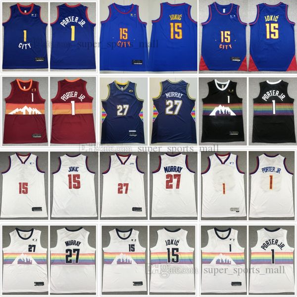 

jokic man women youth stitched basketball jerseys 27 jamal murray 1 michael porter jr. black wite red new blue city custom kids boys jersey, Black;red