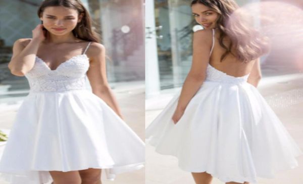 

backless short wedding dresses spaghetti straps lace a line high low wedding party gowns for bride3529572, White