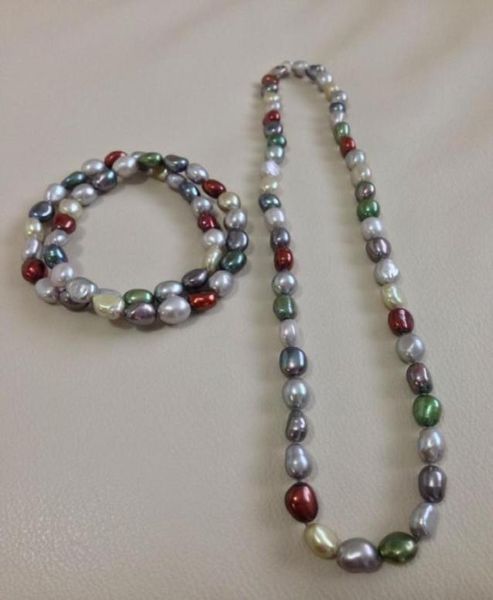 

hand made natural beautiful multicolor 89mm baroque freshwater cultured pearl necklace 18quot bracelet set fashion jewelry44981199209487, Silver