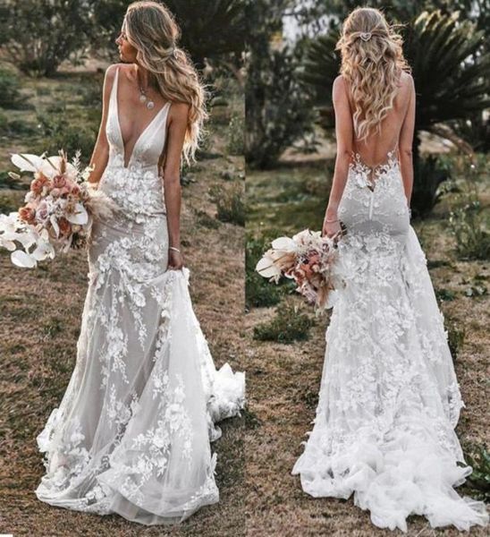 

vintage mermaid spaghetti wedding dress 2021 vneck backless lace appliques 3d flowers country bridal gown plus size custom made1008421, White
