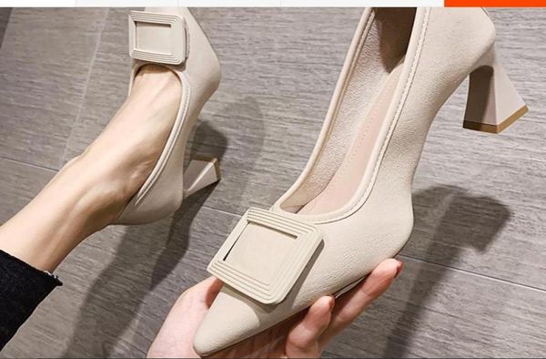 

summer pointed thick heels women shoes 2021 spring and autumn web celebrity style black single5446980