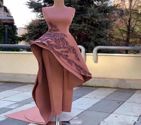 

2020 dusty pink prom dresses jumpsuit with sweep train sequins beaded evening gown ruffle sleeveless custom made formal party gown3403269, Black