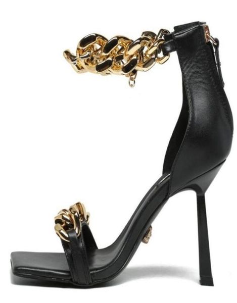 

luxury brand womens sandals chain with square head and high heel 95cm snakeskin cow leather wedding platform shoes size 35429875748, Black