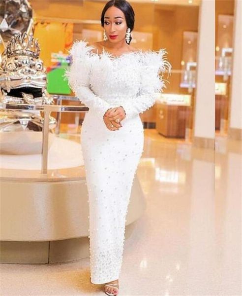 

white south african evening dresses sheath vneck long sleeves pearls feather nigeria saudi arabic evening gown prom dress5252685, Black;red