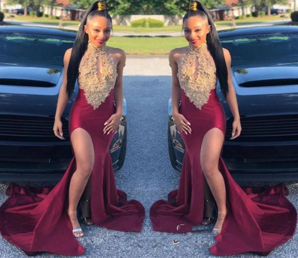 

2019 burgundy halter lace applique mermaid split prom gown keyhole neck sleeveless formal party dresses sweep train zipper back ev7516859, Black