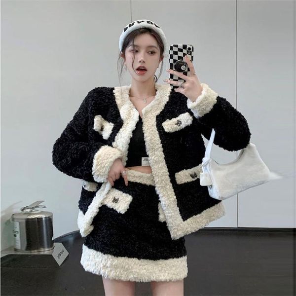 

dress fall winter thick 2 piece suits elegant faux fur woolen jacket&high waist a line mini skirt fashion warm 2pc dress sets, White