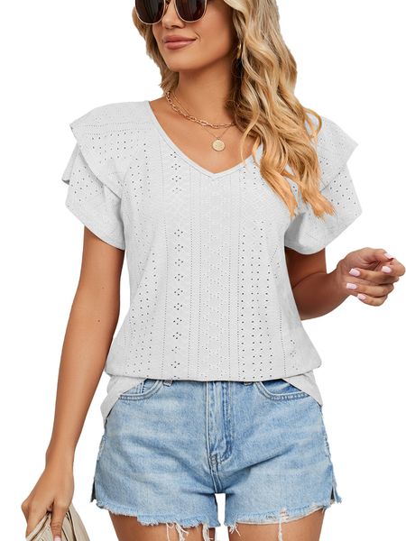 

women layer short sleeve v neck solid t shirt for summer, White