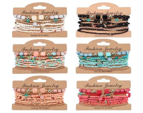 

fashion elastic multilayer crystal stone beads strands tassel charms bracelets boho bracelet for women gift 8pcsset2228654, Black