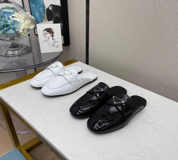 

triangle label half trailer muller slippers imported patent leather rubber sole flat bottomed women039s baotou shoes2861751, Black