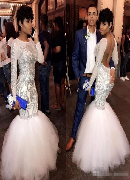 

2019 custom made white mermaid prom dresses silver applique backless long sleeves backless formal evening party gowns3587067, Black