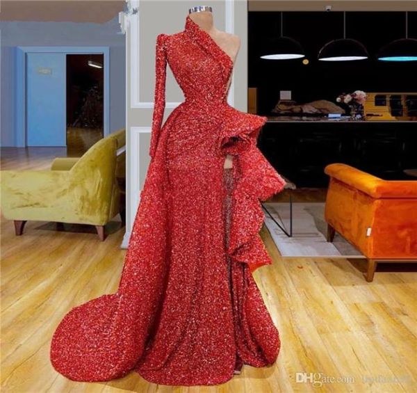 

dubai arabic red mermaid evening dresses high side split one shoulder party gowns turkish vestidos formal gowns dress evening wear2435691, Black;red