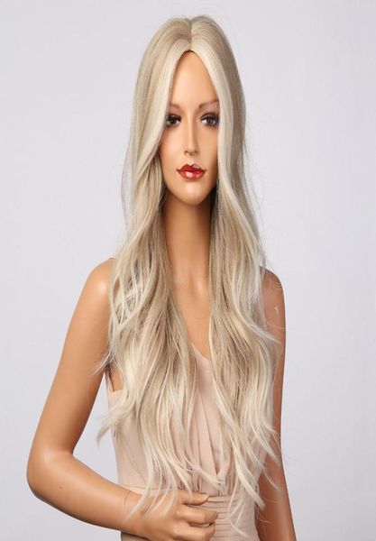 

long wavy platinum blonde highlight wigs synthetic natural hair wigs for women middle part daily wigs heat resistant4626947, Black