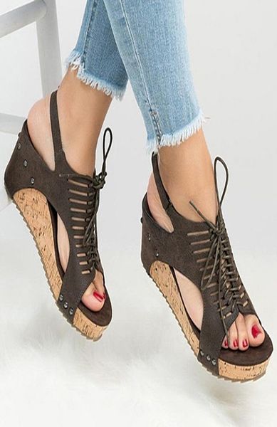 

lace up women sandals platform sandals wedges shoes for women heels sandalias mujer summer shoes pu leather wedge heel2462471, Black