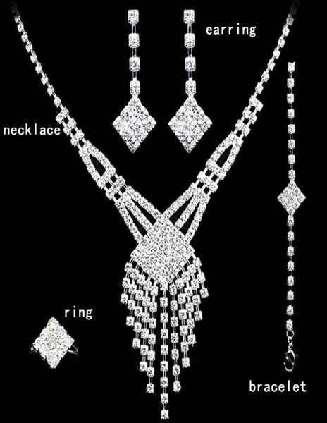 

four pcs jewelry set crystal wedding crown earrings necklace tiaras rings bracelet accessories fashion headdress ht1223842895, Silver