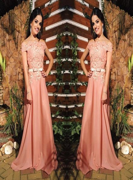 

peach a line chiffon off shoulders prom dresses lace beaded long sweep train evening gowns with sash belt formal party wear7413669, Black