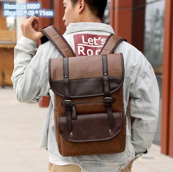 

wholesale men shoulder bags 3 colors light and wear-resistant soft leather computer bag simple belt decoration leisure backpack contrast color student backpacks, Coffee-955#