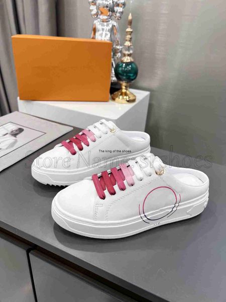 

time out casual sneaker luxury designer shoes calfskin leather open back fuchsia pink green gold women trainers 2023, Black