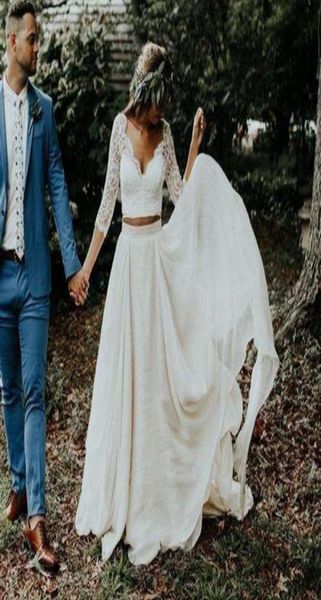 

boho wedding dress 34 long sleeves a line white ivory chiffon lace princess beach bride two pieces wedding gown 2021 new5264027