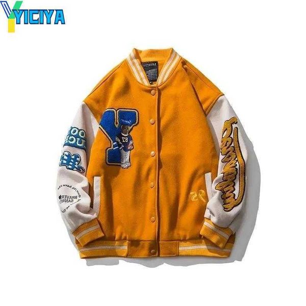 

yiciya men's jackets men varsity bomber jacket orange blue plush bear embroidery women's oversized coats baseball letterman univer, Black;brown