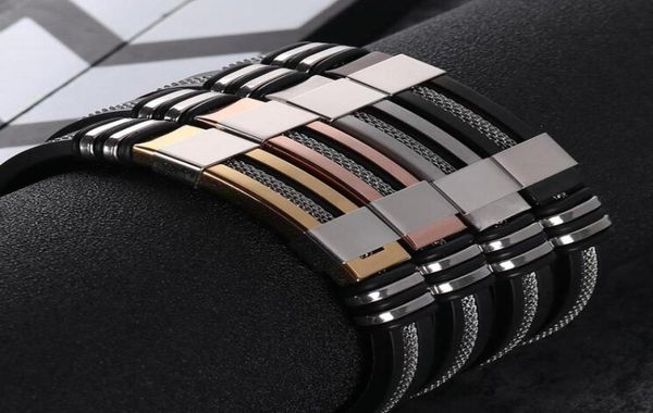 

men039s stainless steel silicone black bracelet simple rubber new design punk charm wristband bangle for mens fashion jewelry g5498753, Golden;silver