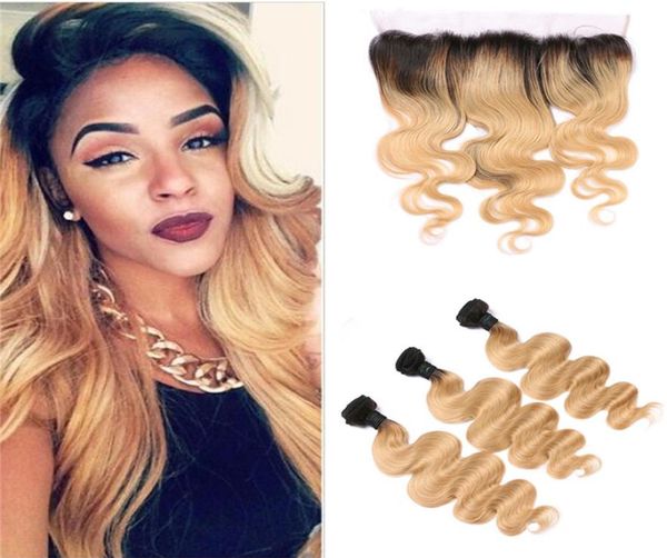 

8a grade 1b 27 honey blonde ombre hair weave with lace frontal pre plucked brazilian human virgin body wave hair with lace frontal1668254, Black;brown