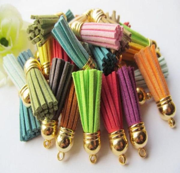 

100pcs 39mm mixed suede leather jewelry tassel for key chains cellphone charms plated end caps cord tip5716796, Blue;slivery