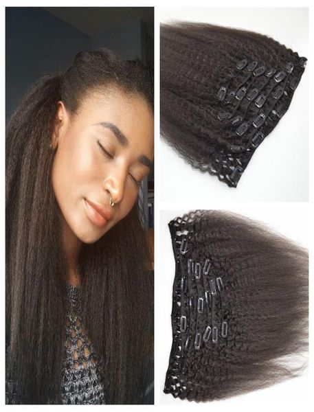 

7pcs african american clip in human hair extensions kinky straight human hair weave natural black 120g geasy3719352, Black;brown
