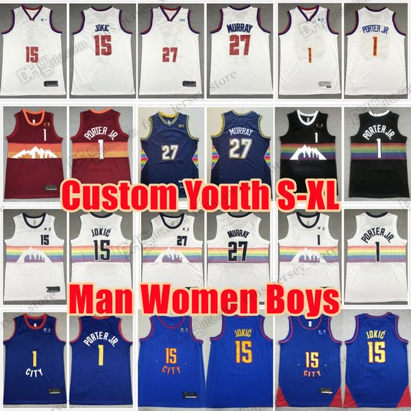 

jokic man women youth stitched basketball jerseys jamal murray michael porter jr. black wite red new blue 2023 city custom kids boys jersey, Black;red
