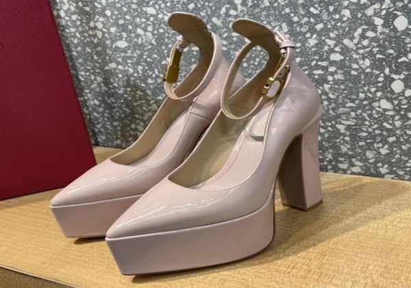 

dress shoes lady pumps high heeled shoe patent leather 155cm thick heel platform pointy toes fashion comfortable with box4007033, Black