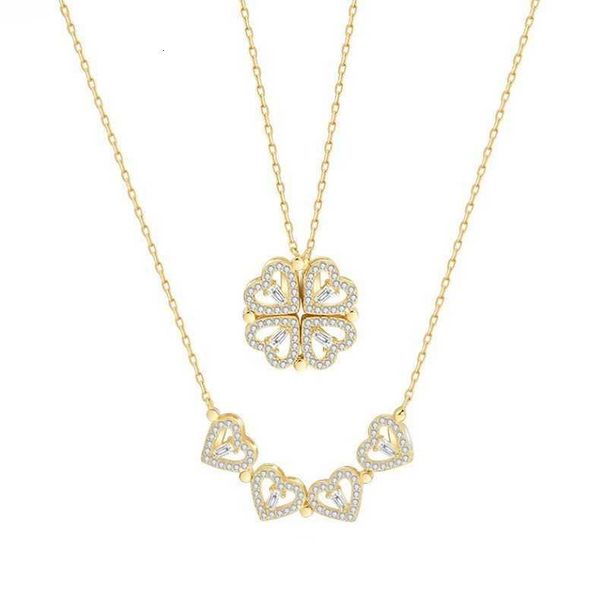 

c211 simple heart to four leaf grass necklace women's fashion collar chain love fold a two wear pendant, Golden;silver