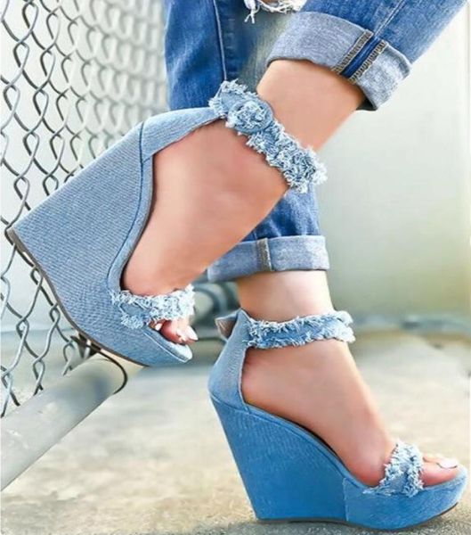 

2020 new denim sandals summer roman sandals wedges high heels 15cm peeptoe platform shoes woman plus size 35402715932, Black