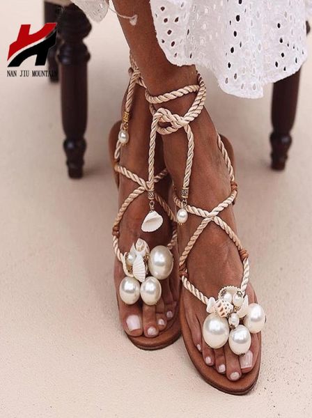 

nan jiu mountain summer sandals women039s flat sandals handmade beads pearl shells ankle straps plus size 35 43 women shoes y8988302, Black