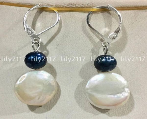 

natural 1314mm south sea coin white black pearl silver plated dangle earrings7135942