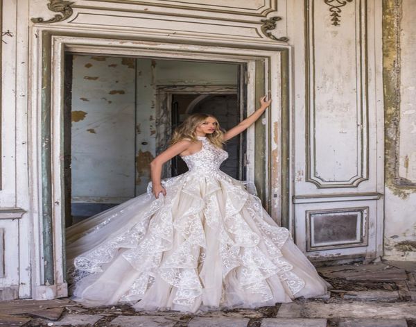 

vintage wedding dresses high neck lace appliques tiered country bridal gowns a line sweep train ruffles wedding dress plus size1508571, White