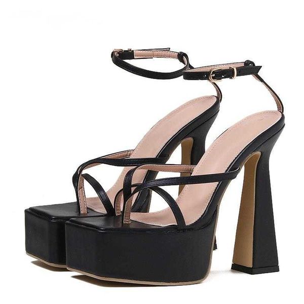 

woman sandals runway style square clip toe high heels women platform fashion narrow band buckle strap party dress shoes 230511, Black