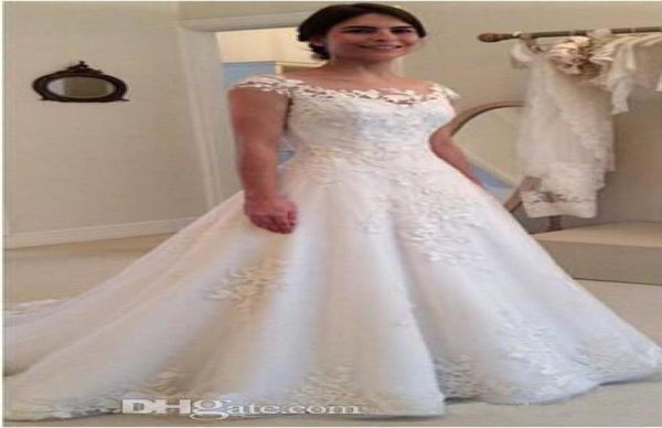 

vintage lace appliques cap sleeves wedding dresses illusion back sheer neck bridal gowns covered buttons wedding gowns vestido de 5408271, White